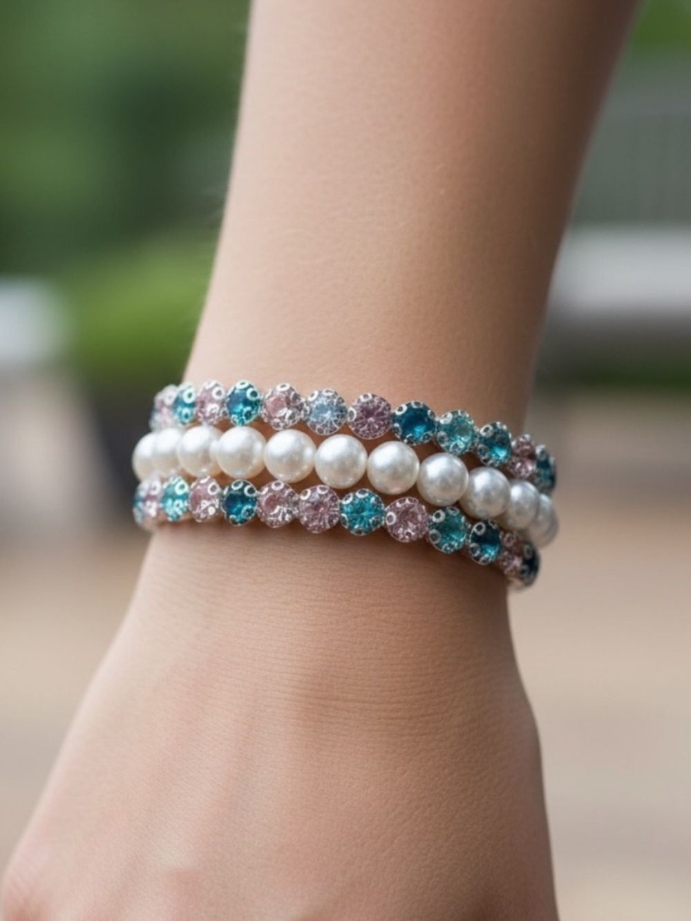 Delicate Pearl & Crystal Stretch Bracelet Set in Teal and Pink